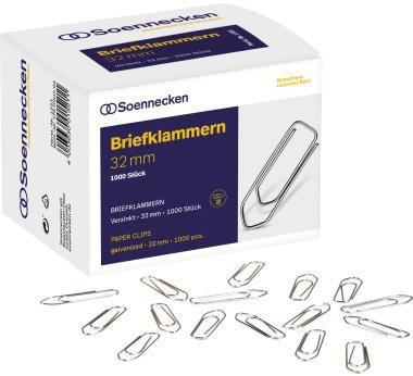 SOENNECKEN Büroklammer Soennecken spitze Form 32mm Metall verzinkt silber 1.000 St./Pack.