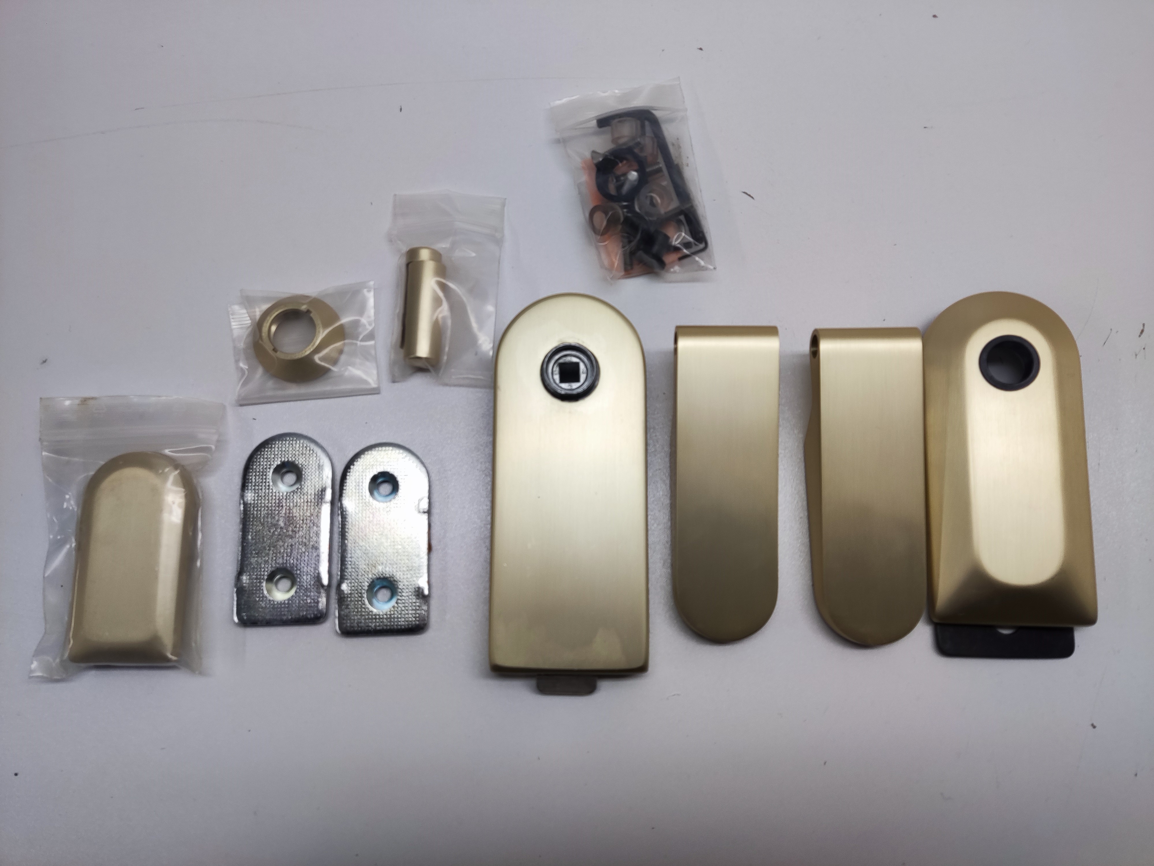 Messingfarbener Schloßkasten mit Drücker für Ganzglastür inkl. Abdeckblenden für Scharniere  I LL4103