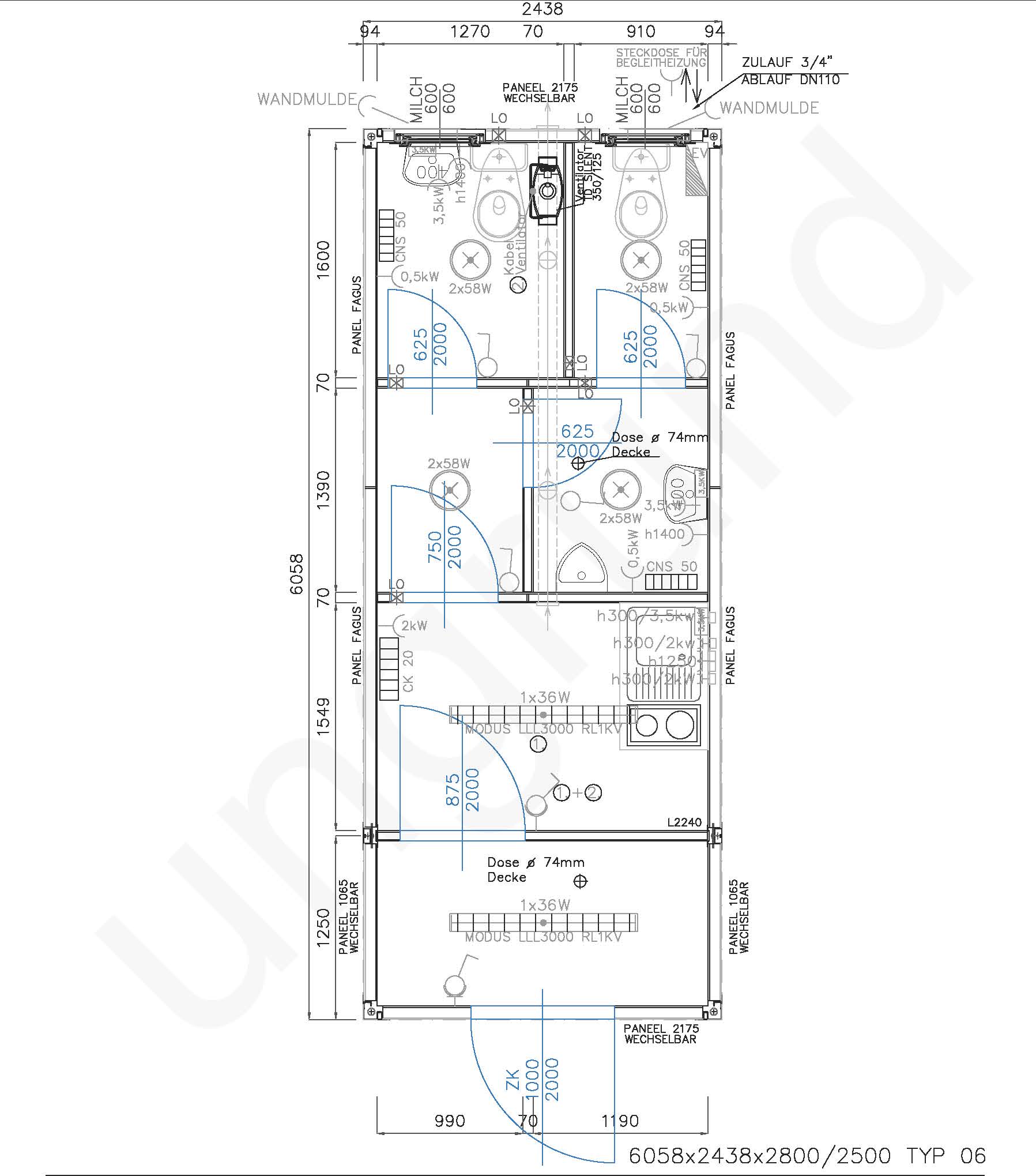 Typ 06 Sanitärcontainer ca. 2,5m x 6m lang mit WC und Pantryküche