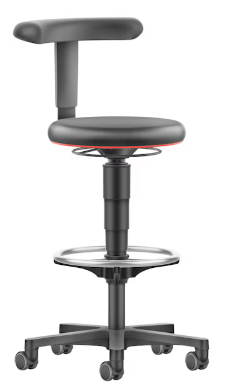 Arbeitshocker COMFORT mit Sitz-Stopp-Rollen und Fußring