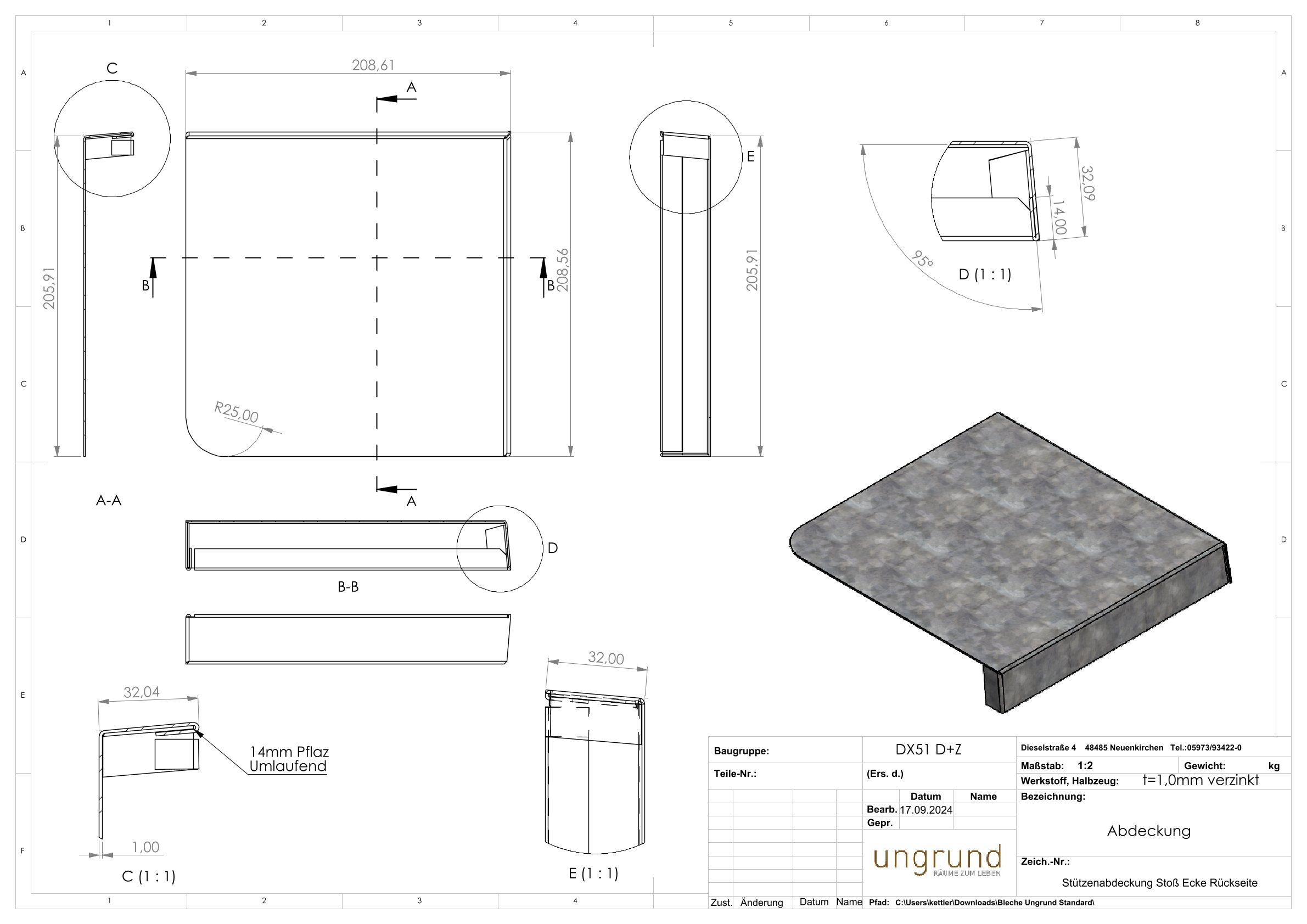 Stützenabdeckung Stoß Ecke Rückseite DX51 D+Z t=1mm verzinkt