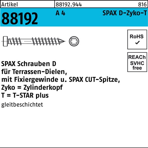 SPAX Holzbauschraube R 88192 Zylinderkopf T-STAR 6 x 60/28 -T A 4 m.CUT-Sp.