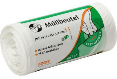 FIRST Müllbeutel FIRST 30,5+30,5 x 85 cm (B x H) 15µm 70l LDPE weiß 50 St./Pack.