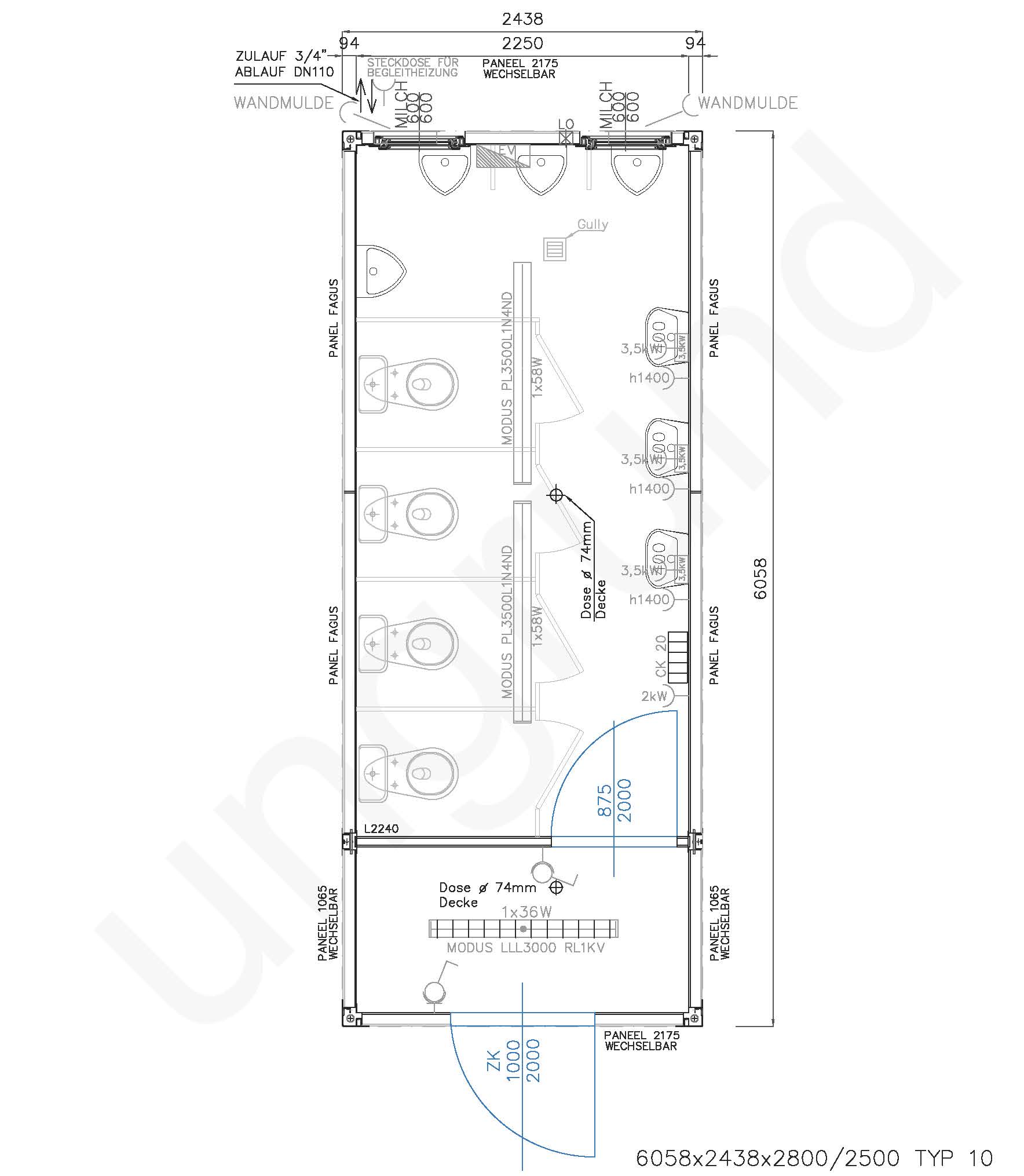 Typ 10 Sanitärcontainer ca. 2,5m x 6m lang für Herren mit Vorraum