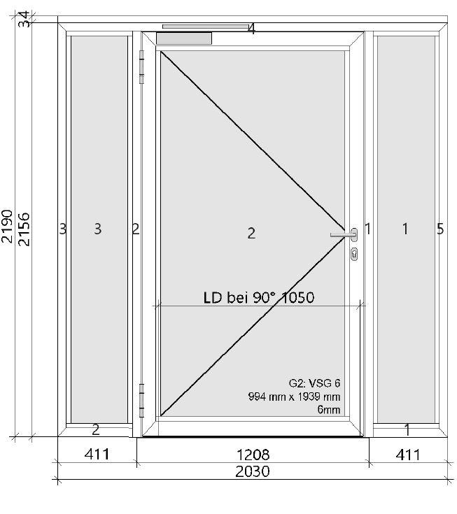 3.-tlg. Schüco Aluminium Rauchschutztür DIN L/ Verkehrsweiß