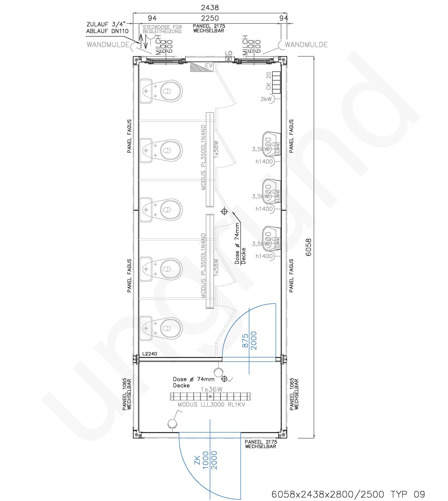 Typ 09 Sanitärcontainer ca. 2,5m x 6m lang für Damen mit Vorraum