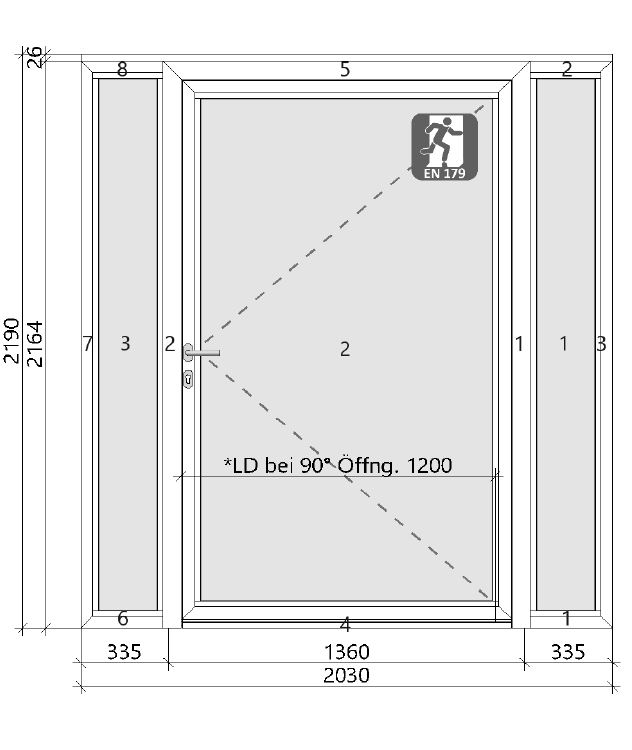 3.-tlg. Schüco Aluminium Eingangstür DIN Links/ Verkehrsweiß 203/219 (LD 120)