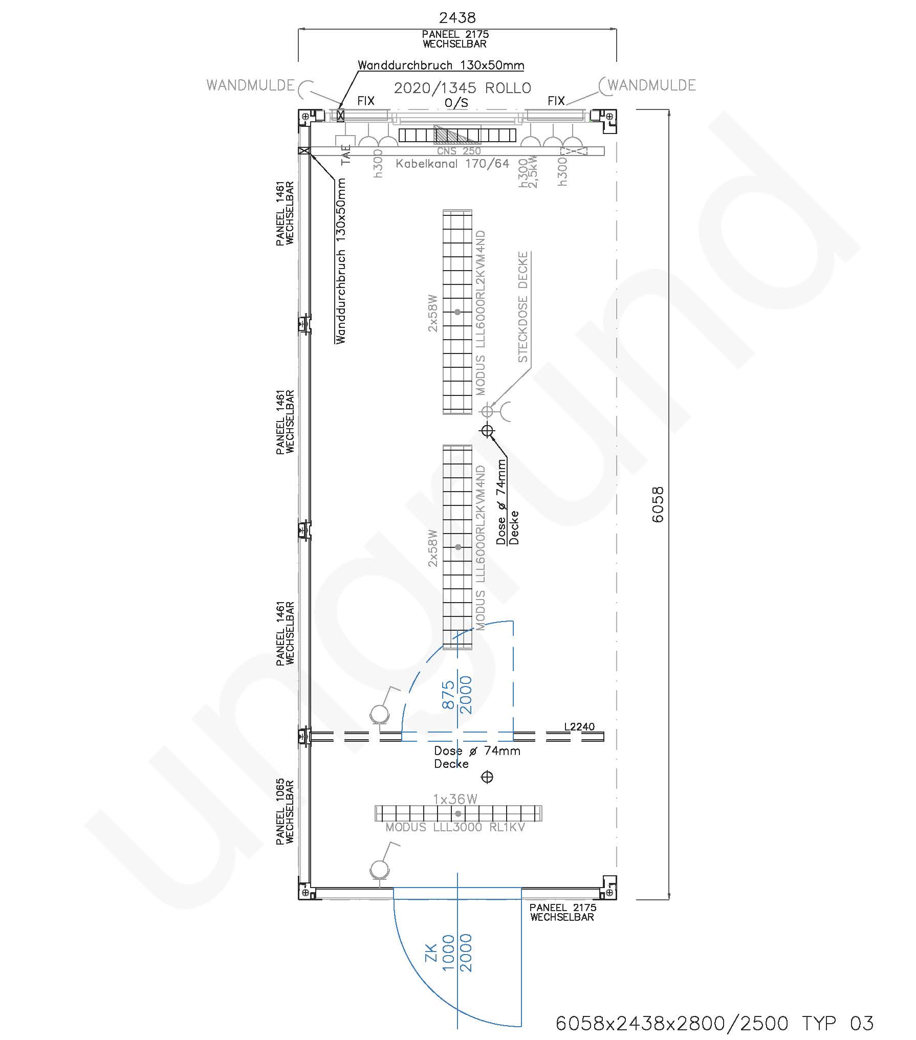 Typ 03 Bürocontainer ca. 2,5m x 6m lang rechts offen, Wandelemente auswechselbar