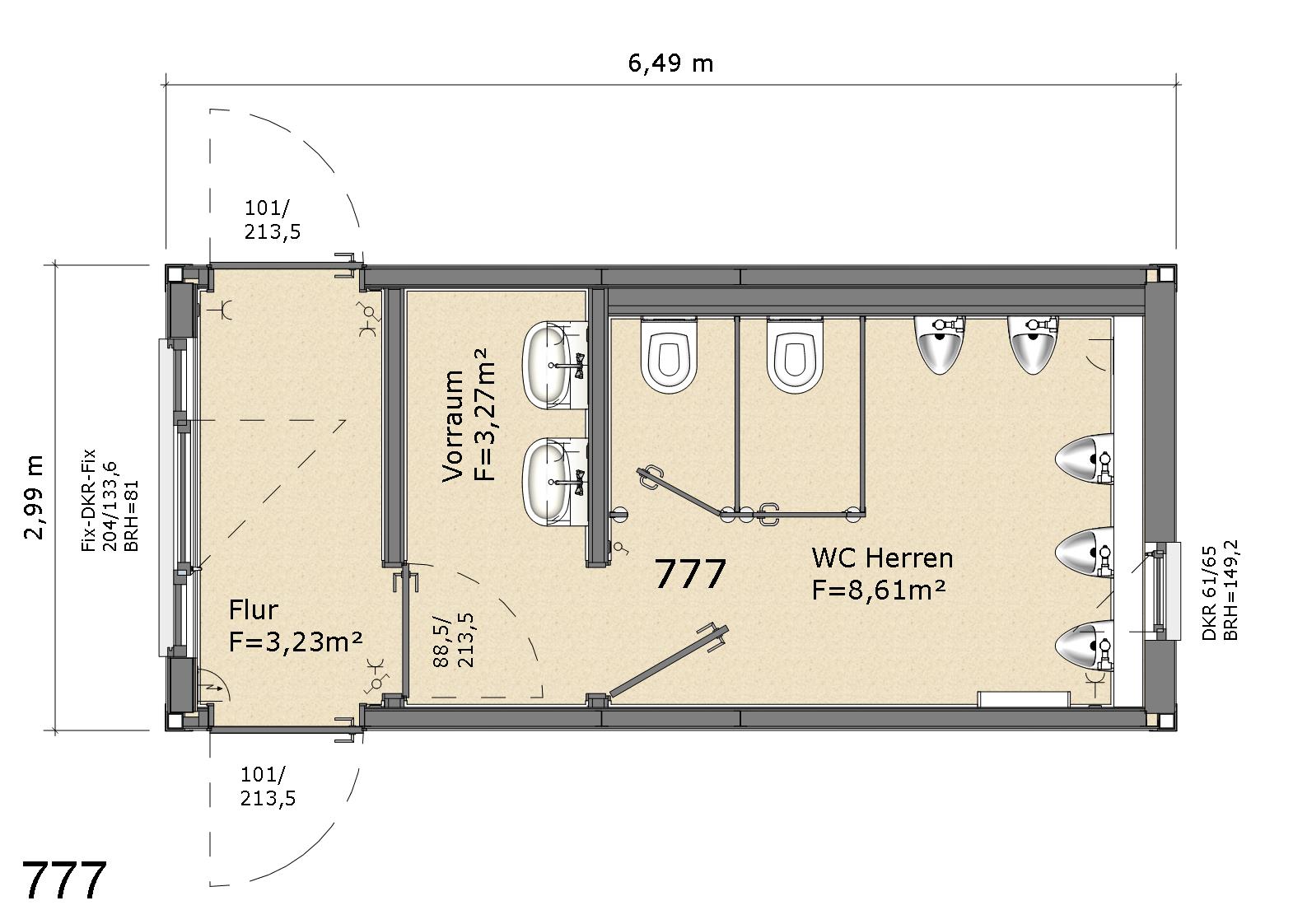 Modulraum Typ 777 als Sanitärmodul für Herren