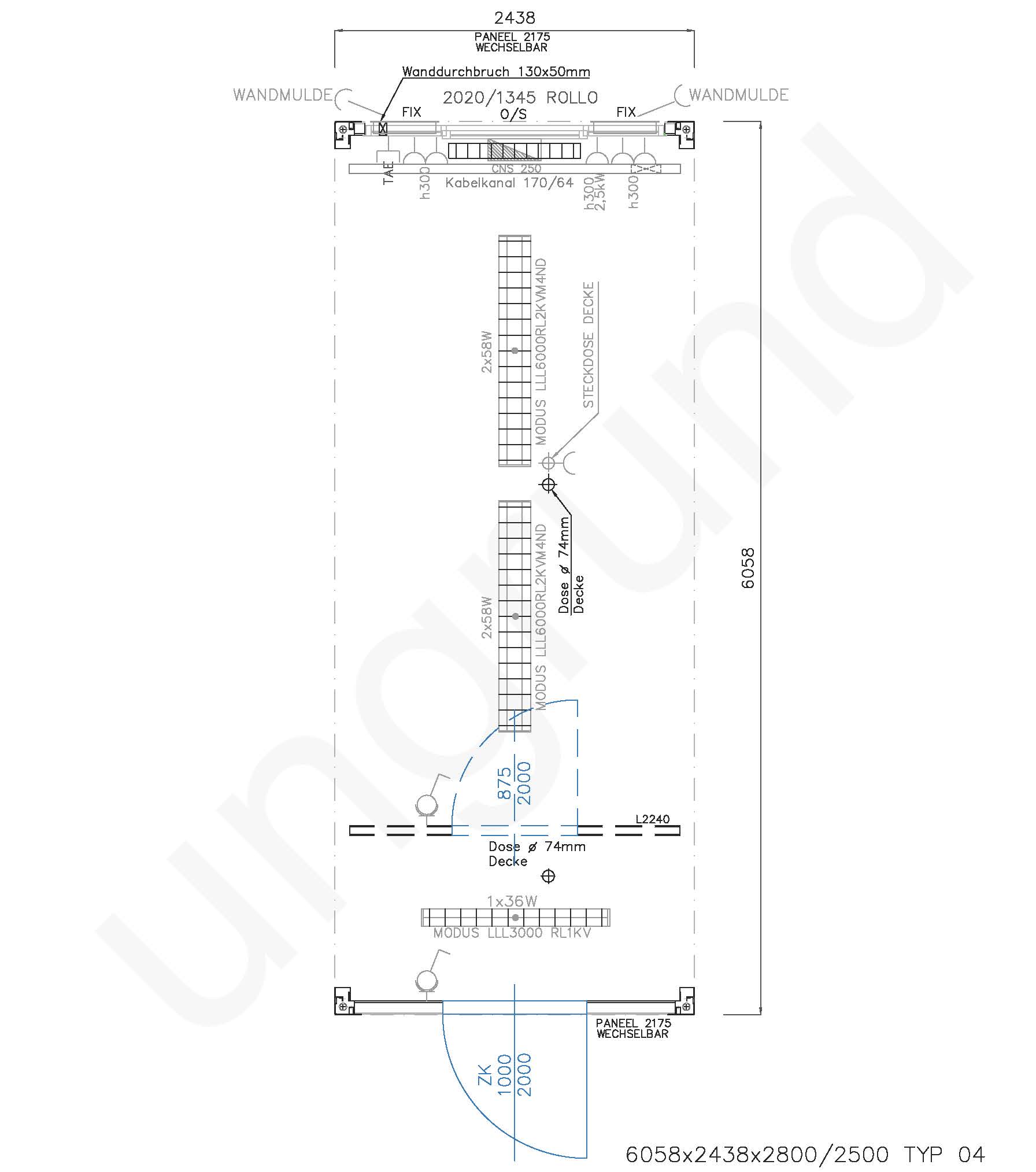 Typ 04 Bürocontainer ca. 2,5m x 6m lang,  Beidseitig offene Längsseiten, Flurbereich optional abtrennbar