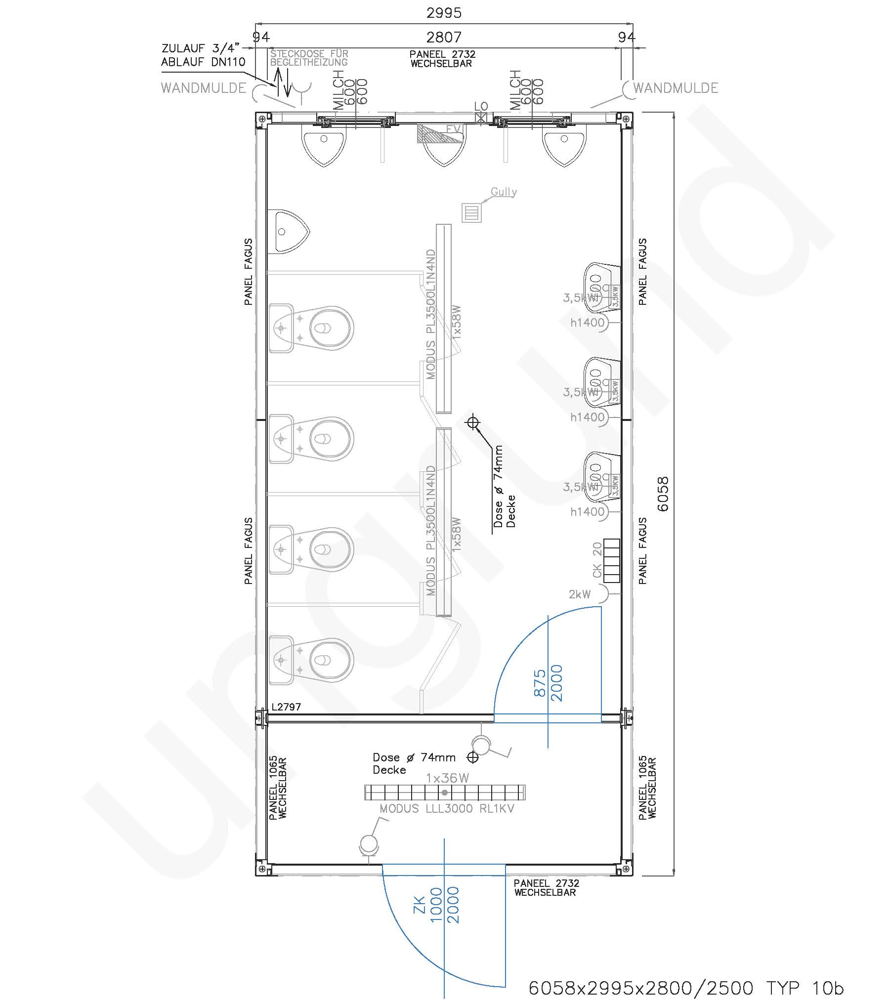 Typ 10b Sanitärcontainer ca. 3m x 6m lang für Herren mit Vorraum