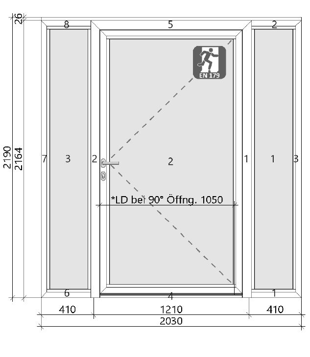 3.-tlg. Schüco Aluminium Eingangstür DIN Links/ Verkehrsweiß 203/219