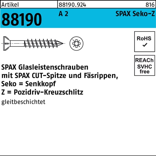 SPAX Glasleistenschraube R 88190 Seko m.Kreuzschlitz-PZ 3,5 x 40/23-Z2 A 2