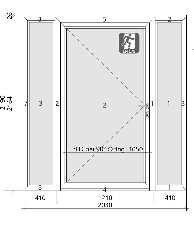 3.-tlg. Schüco Aluminium Eingangstür DIN Rechts/ Verkehrsweiß 203/219