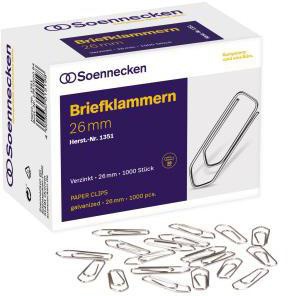 SOENNECKEN Büroklammer Soennecken spitze Form 26mm Metall verzinkt silber 1.000 St./Pack.