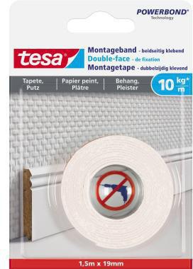 TESA Montageklebeband tesa® Innenbereich 19 mm x 1,5 m (B x L) 10kg beidseitig klebend weiß