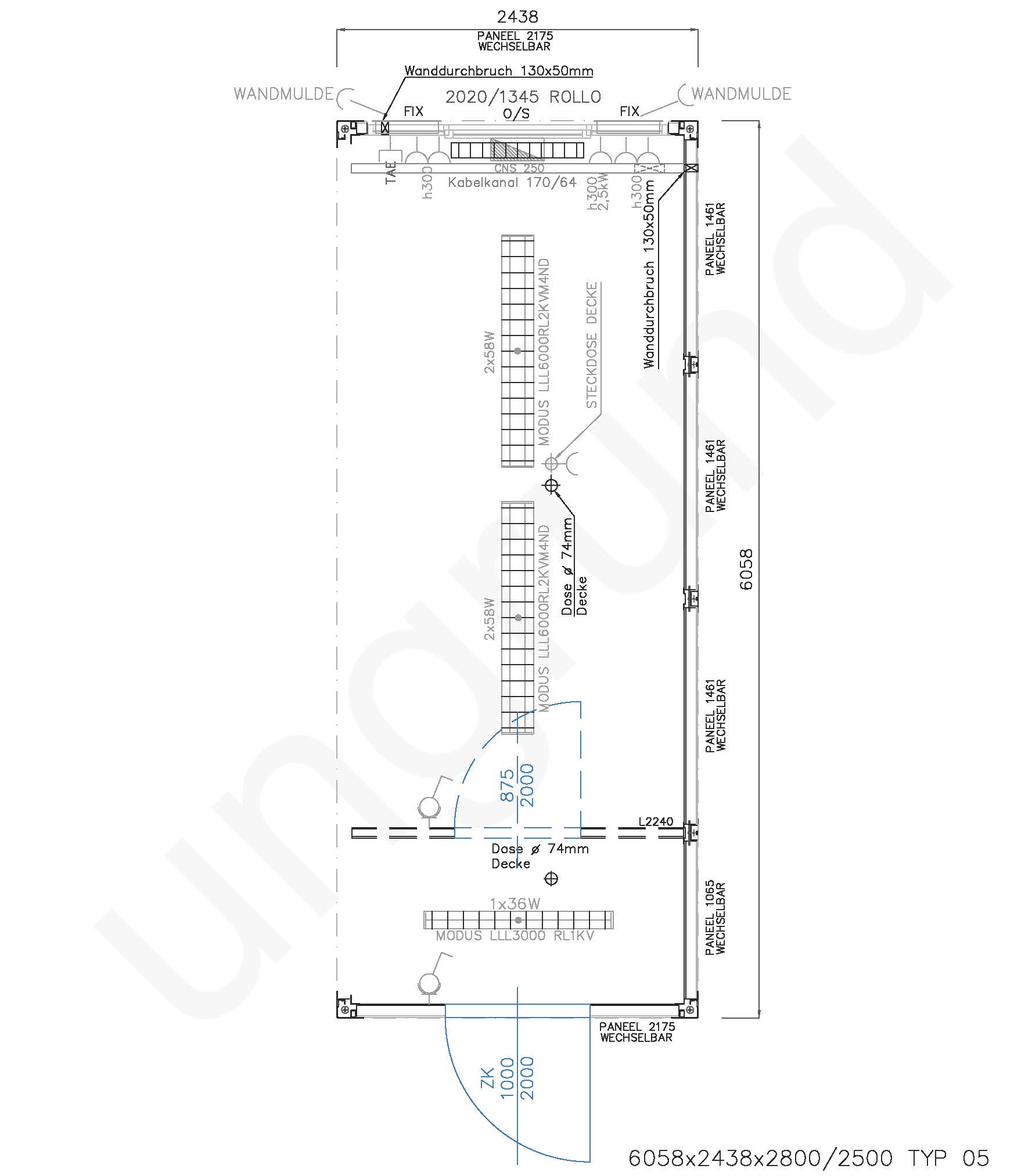 Typ 05 Bürocontainer ca. 2,5m x 6m lang links offen, Wandelemente auswechselbar