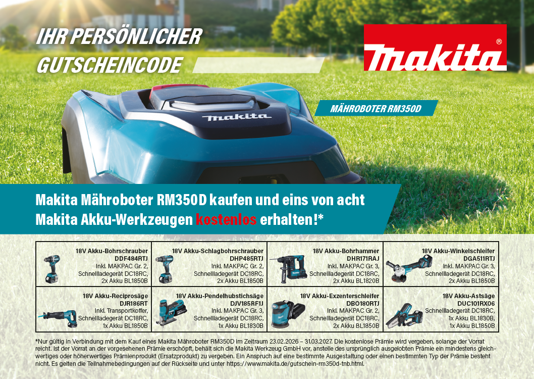 Mähroboter RM350D mit Gutschein Eins von Acht Makitawerkzeugen kostenlos