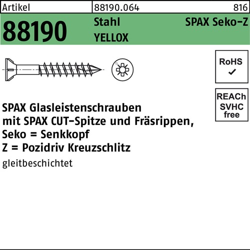 SPAX Glasleistenschraube R 88190 Seko m.Kreuzschlitz-PZ 3,5 x 40/23-Z2 Stahl galvanisch verzinkt gelb