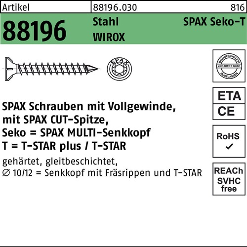 SPAX Schraube R 88196 Seko m.Spitze/T-STAR VG 10 x 220 -T50 Stahl galvanisch verzinkt WIROX