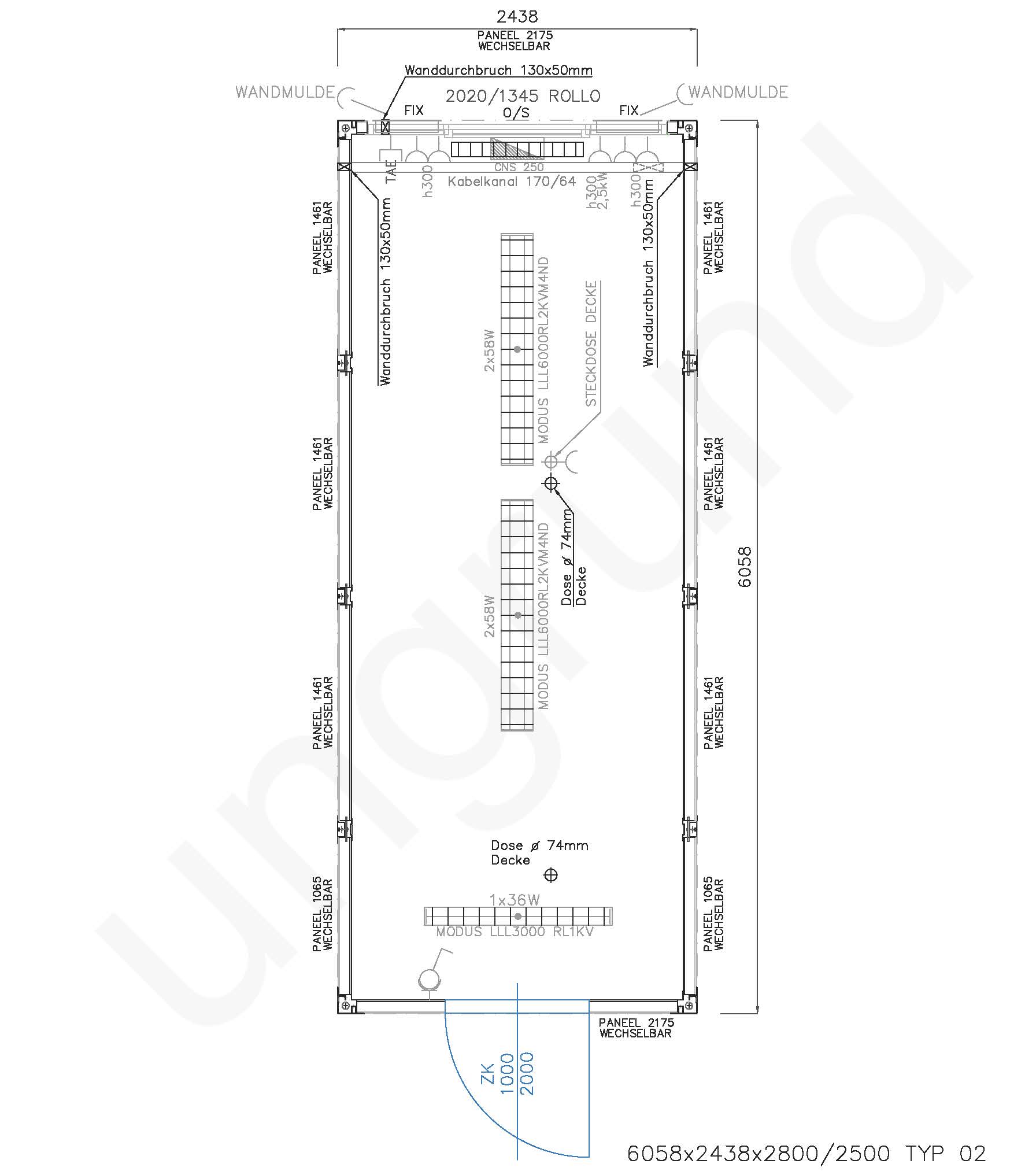 Typ 02 Bürocontainer ca. 2,5m x 6m lang mit auswechselbaren Wandelementen