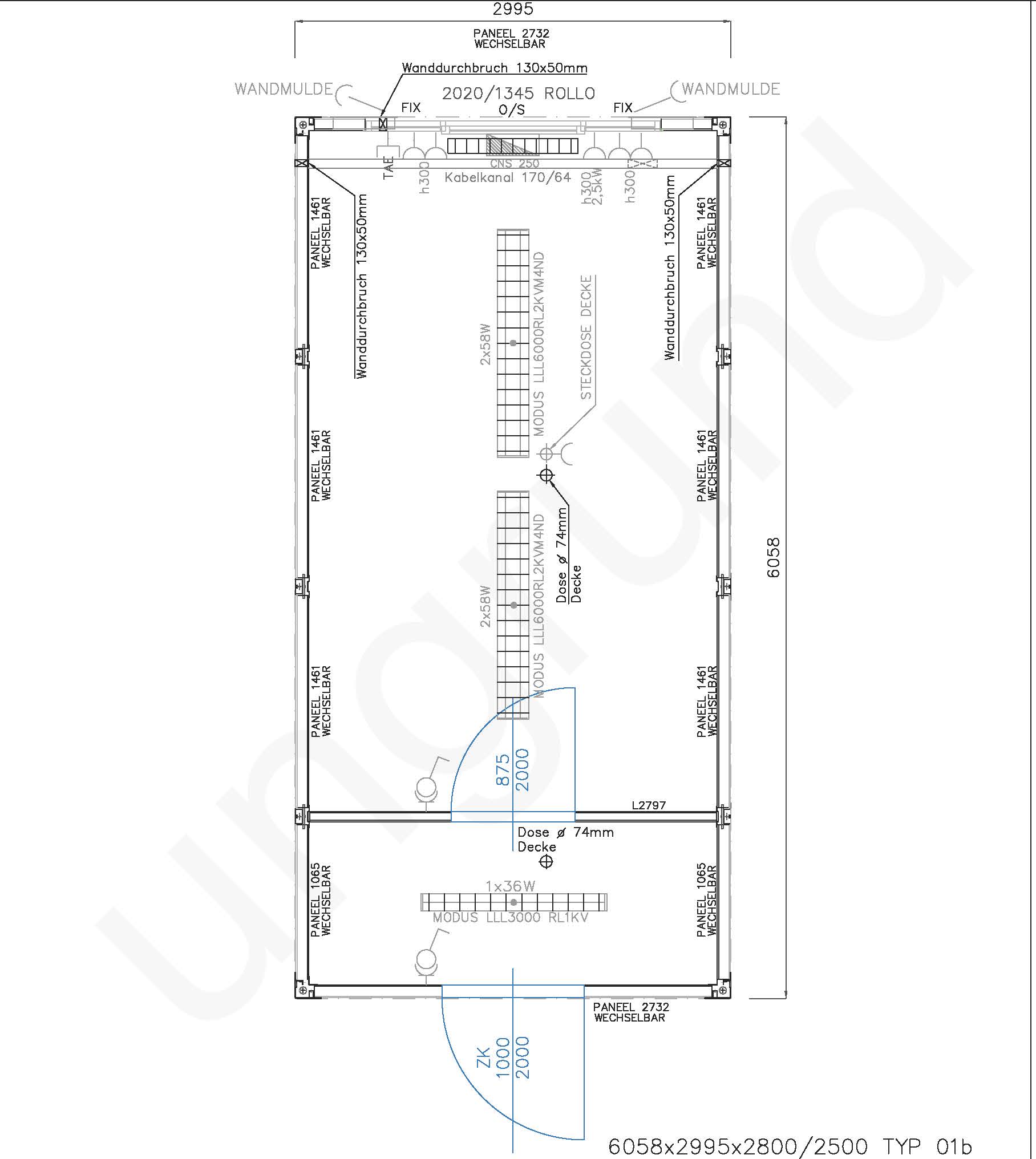 Typ 01b Bürocontainer ca. 3m x 6m lang mit Windfang und auswechselbaren Wandelementen