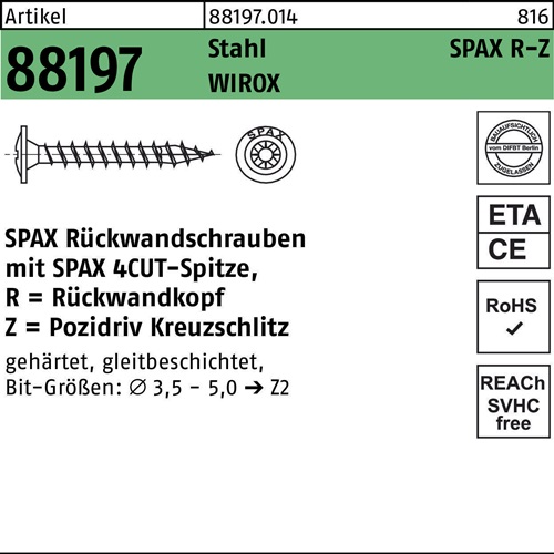 SPAX Rückwandschraube R 88197 m.Spitze/Kreuzschlitz-PZ 4 x 30/27-Z Stahl galvanisch verzinkt WIROX