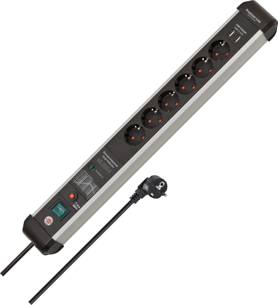 Premium-Protect-Line Steckdosenleiste 6-fach mit USB, Überspannungsschutz und 3m Kabel