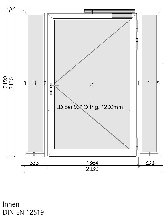 3.-tlg. Schüco Brandschutztür 203/219 cm | DIN Rechts | Weiß