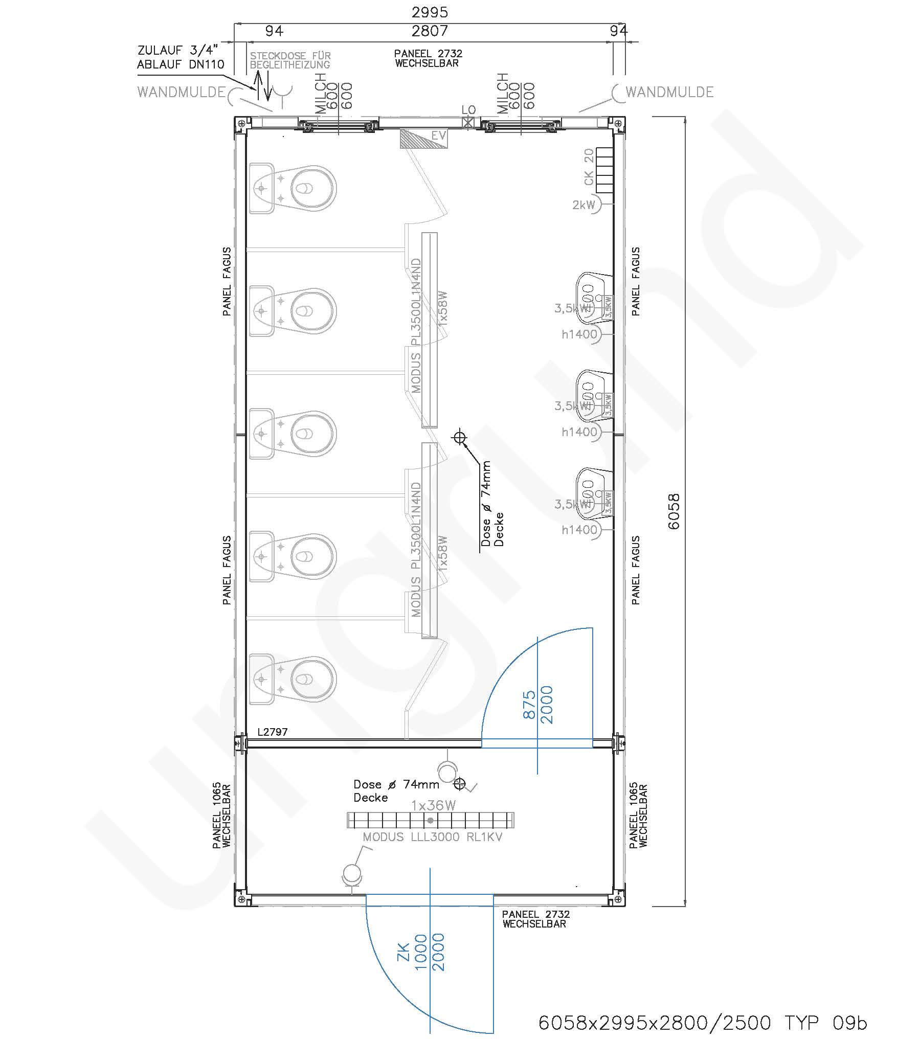 Typ 09b Sanitärcontainer ca. 3m x 6m lang für Damen mit Vorraum
