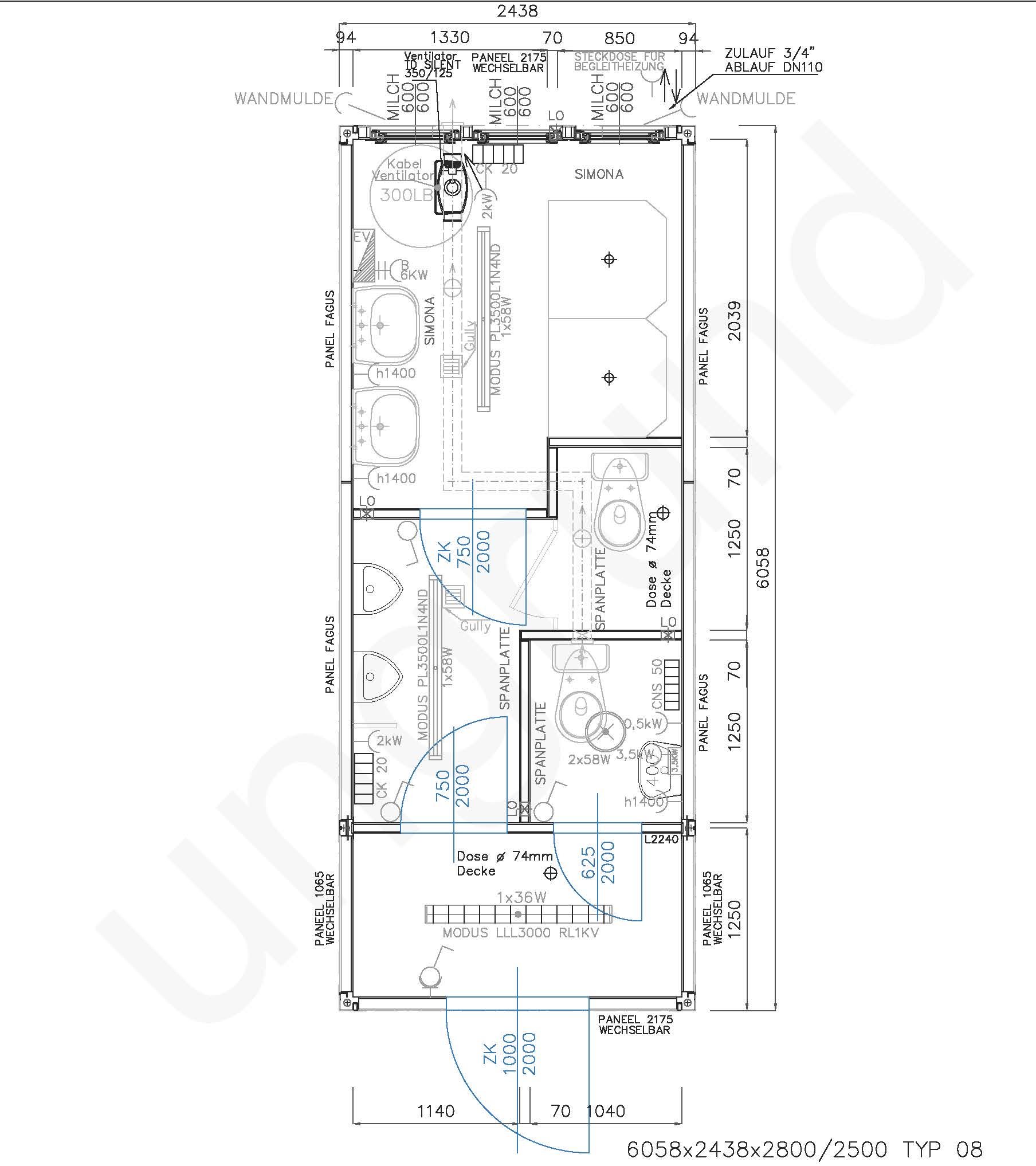 Typ 08 Sanitärcontainer ca. 2,5m x 6m lang mit WC und Duschen