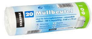 PAPSTAR Müllbeutel PAPSTAR 72 x 60 cm (B x H) 17µm 60l LDPE weiß 20 St./Pack.