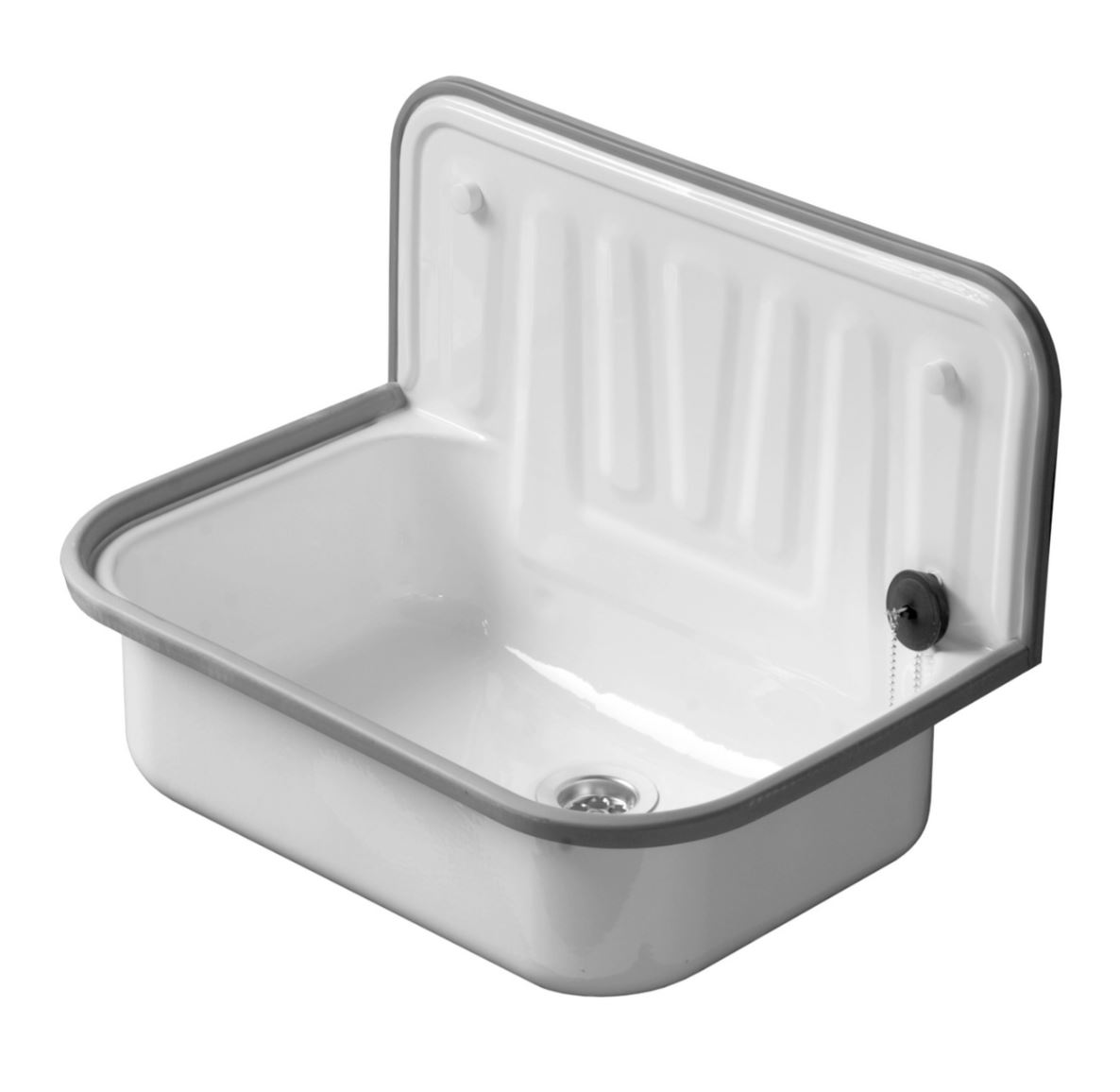 Stahl Ausgussbecken eckig 50 cm ohne Überlauf komplett mit Ventil, weiß/grau