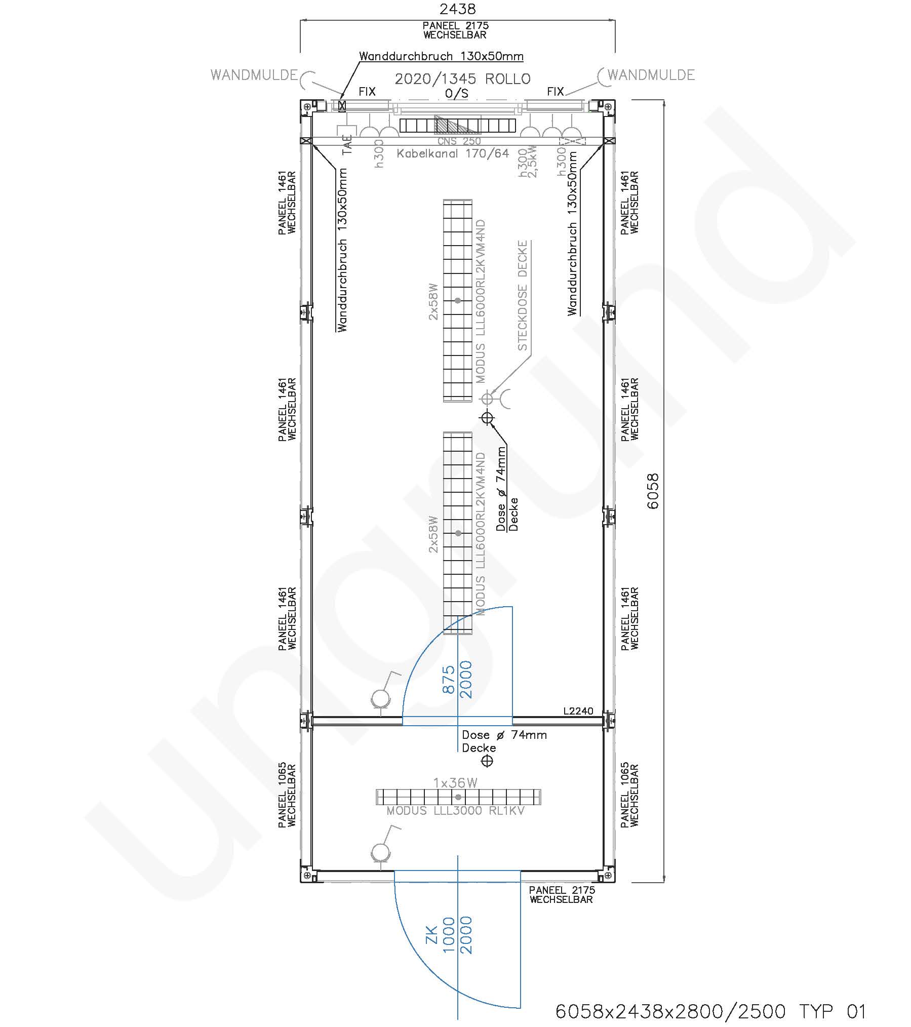 Typ 01 Bürocontainer ca. 2,5m x 6m lang mit Windfang und auswechselbaren Wandelementen