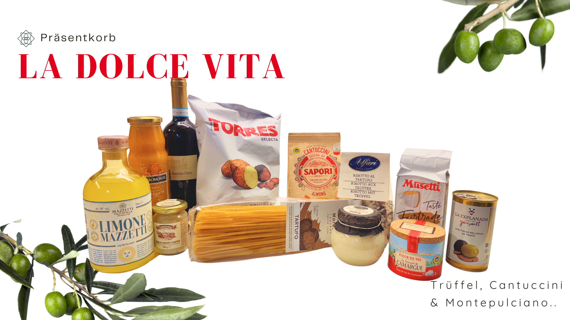Präsentkorb La Dolce Vita - Trüffel, Cantuccini & Montepulciano