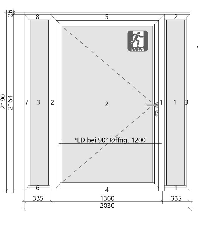 3.-tlg. Schüco Aluminium Eingangstür DIN Rechts/ Verkehrsweiß 203/219 (LD 120)