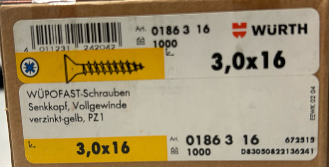 3,0 x 16 WÜPOFAST Senkopfschraube, Vollgewinde, verzinkt-gelb, PZ1 (VE=1000) I LL0000