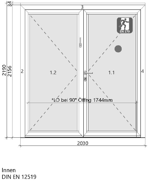 3.-tlg. Schüco Brandschutztür 203/219 cm | DIN Links zuerst| Weiß
