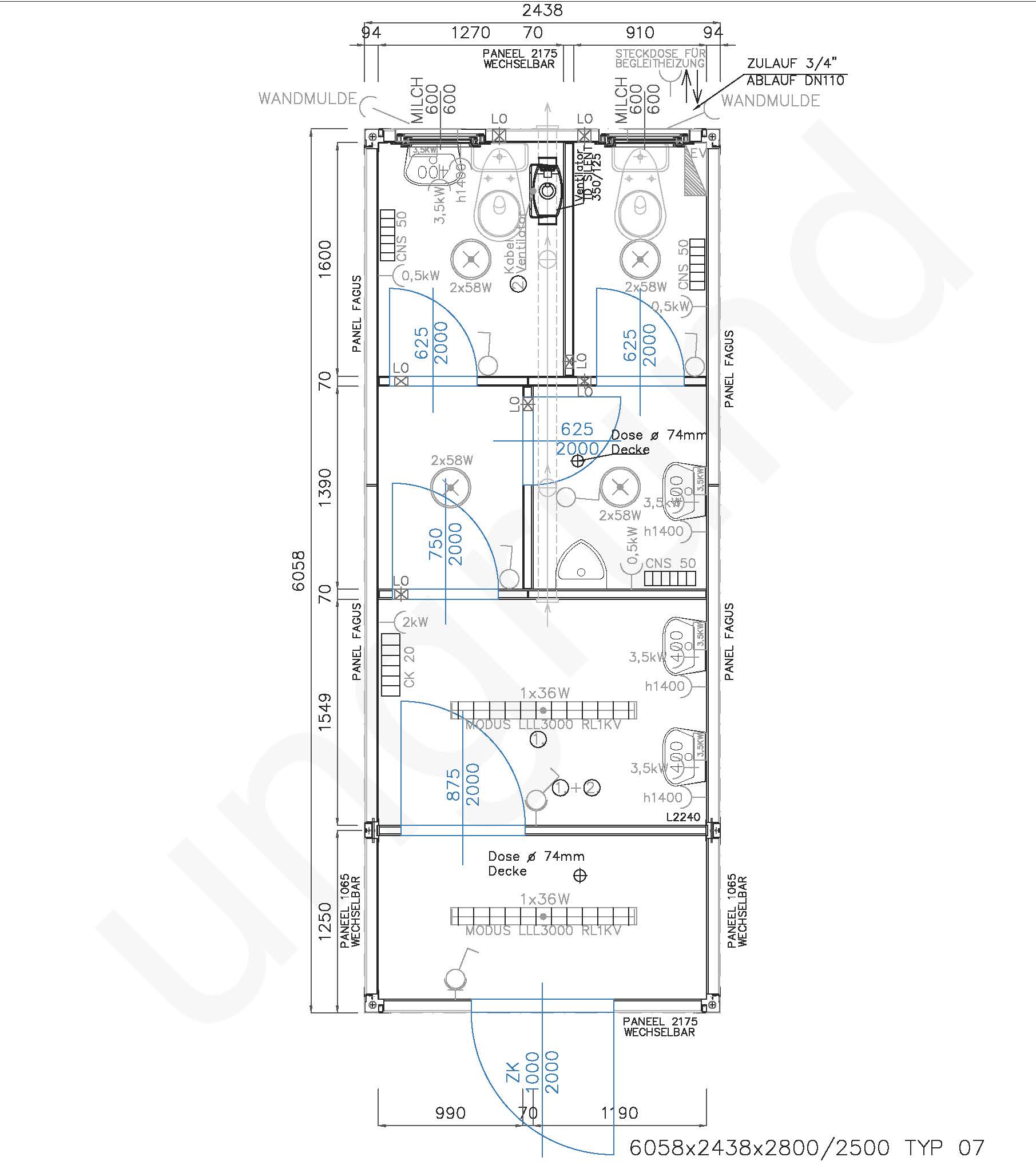 Typ 07 Sanitärcontainer ca. 2,5m x 6m lang mit WC und Vorraum